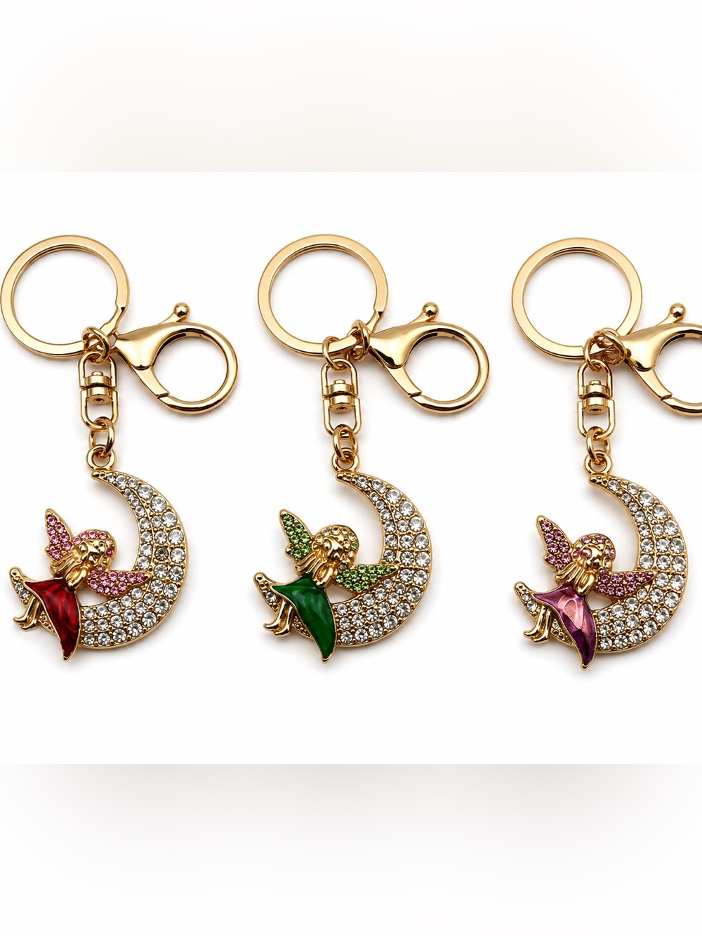 Fairy Crescent Moon Rhinestone Keychain Bag Charm Celestial Sparkle Gift